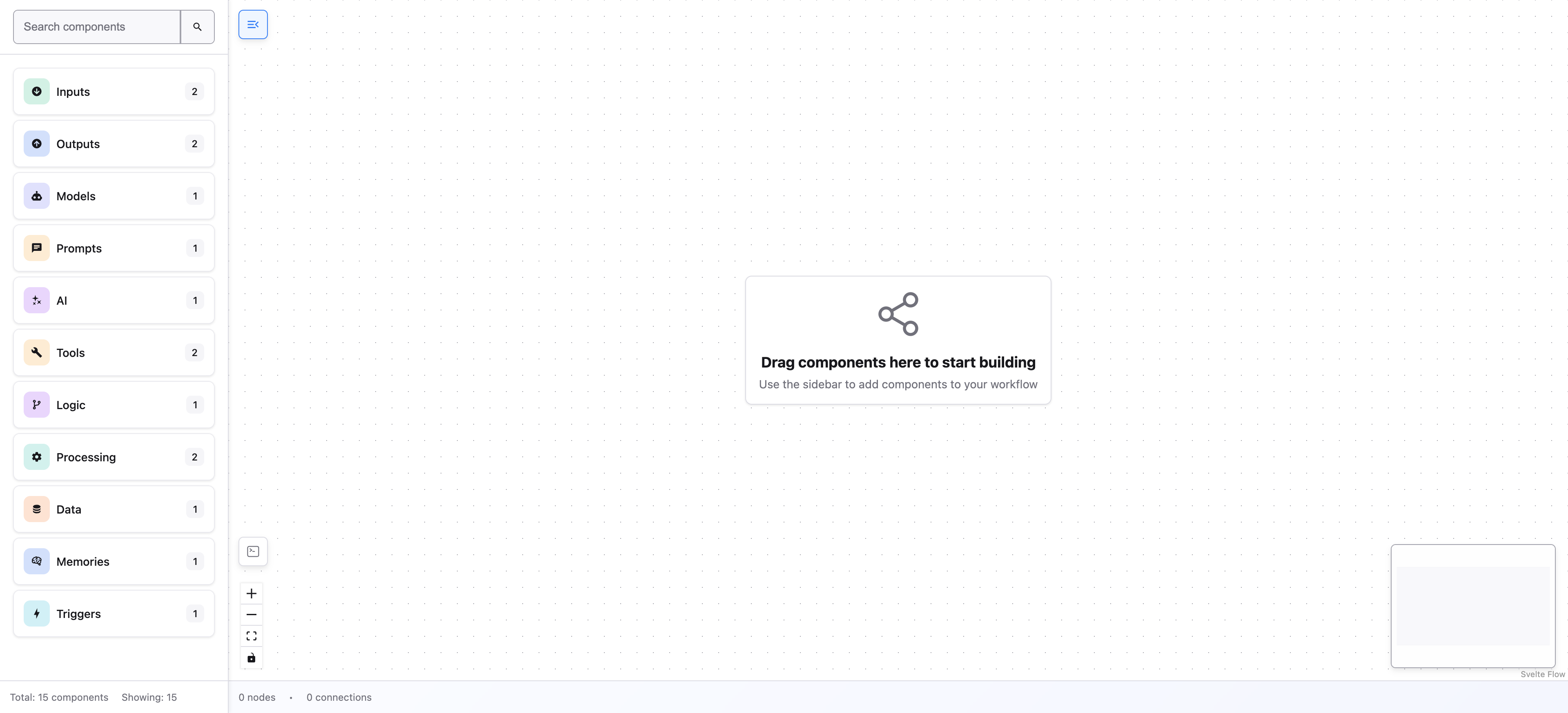 The FlowDrop editor with an endpoint configured, showing node types loaded into the sidebar from the backend API.