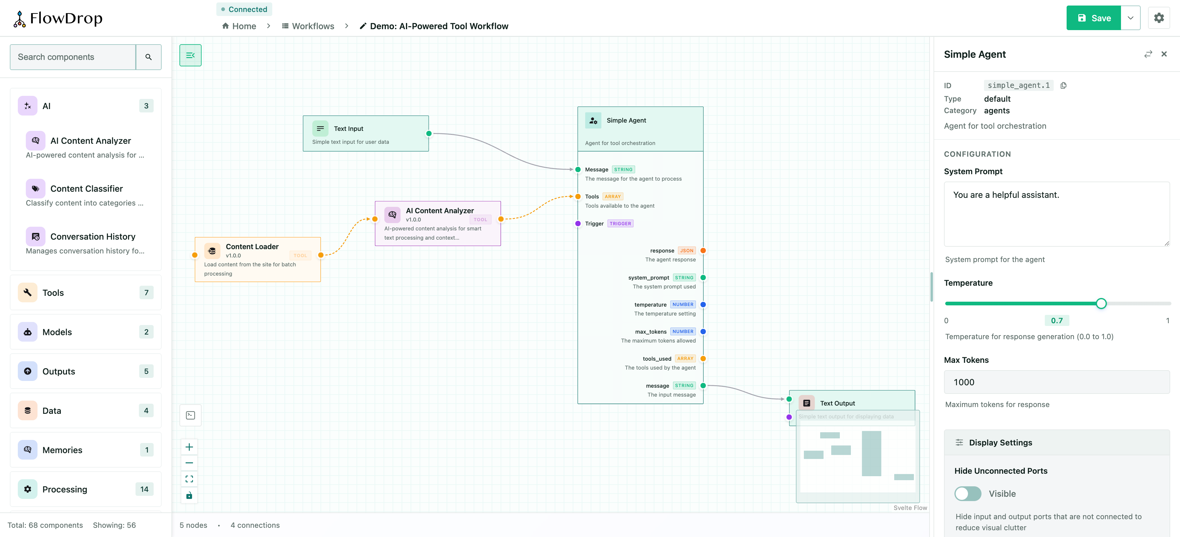 FlowDrop editor showing the node sidebar on the left, a workflow canvas with placed nodes in the center, and the configuration panel on the right.