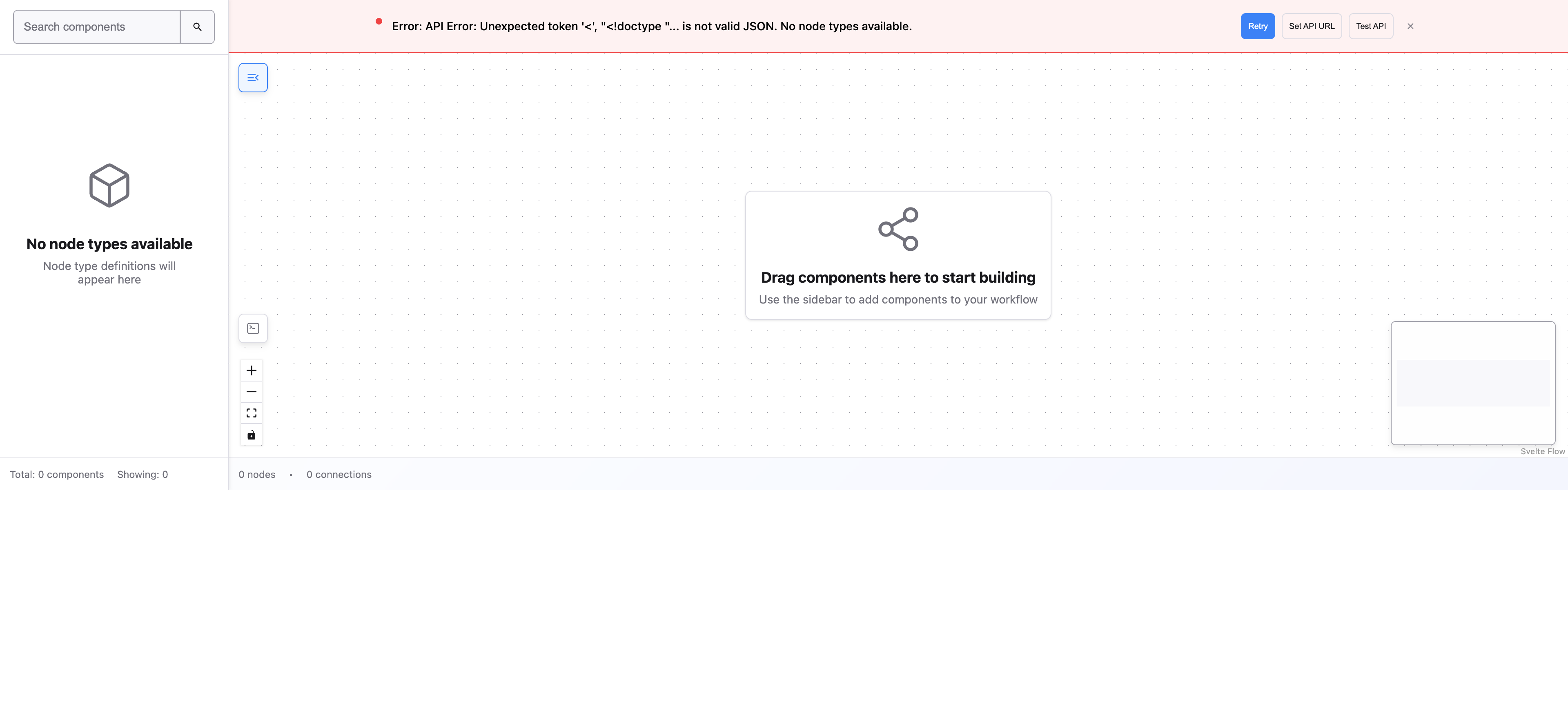 An empty FlowDrop editor canvas with a grid background, no nodes in the sidebar and no workflow loaded.