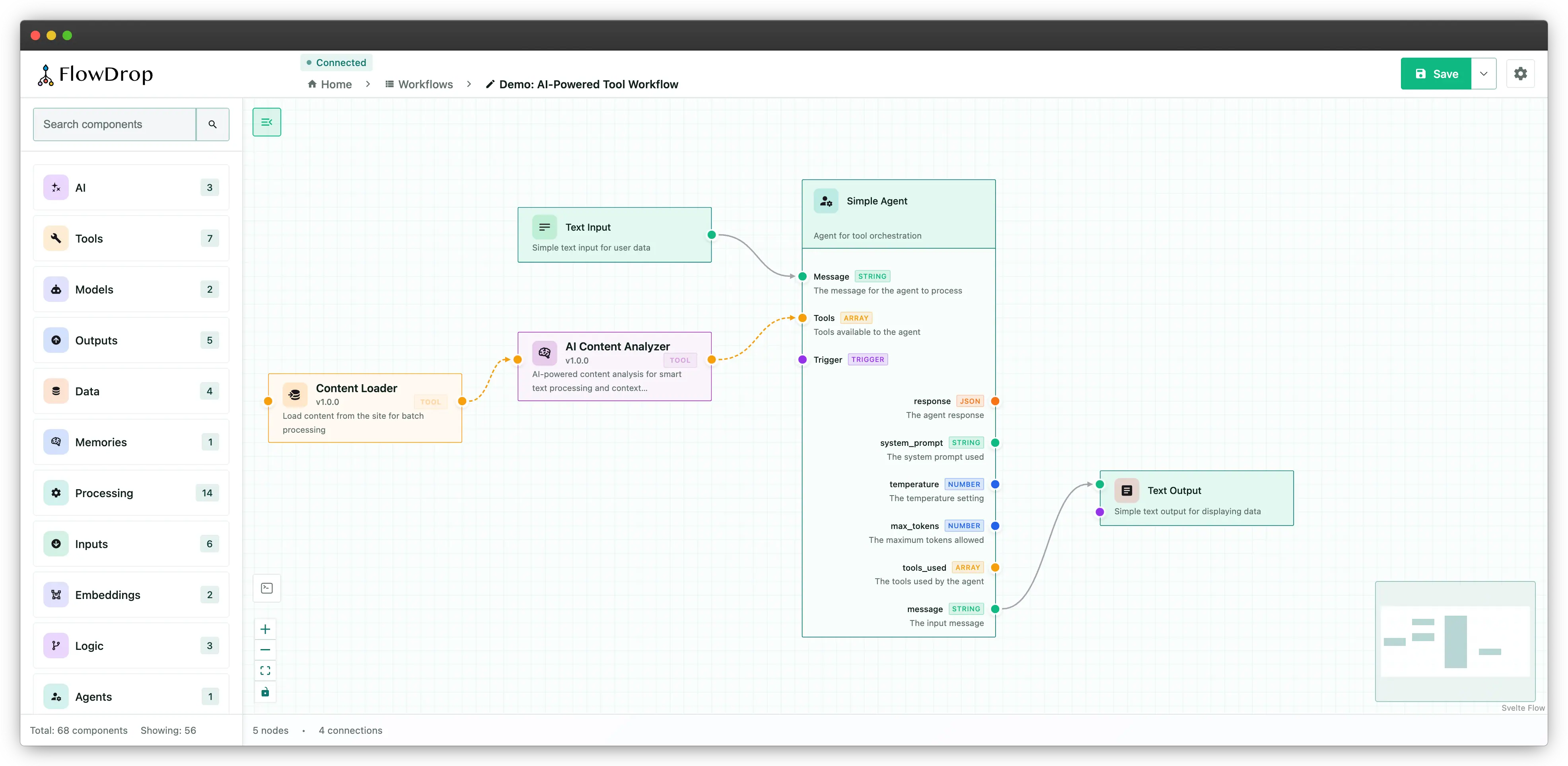 FlowDrop Editor's Screenshot showing an ai based workflow