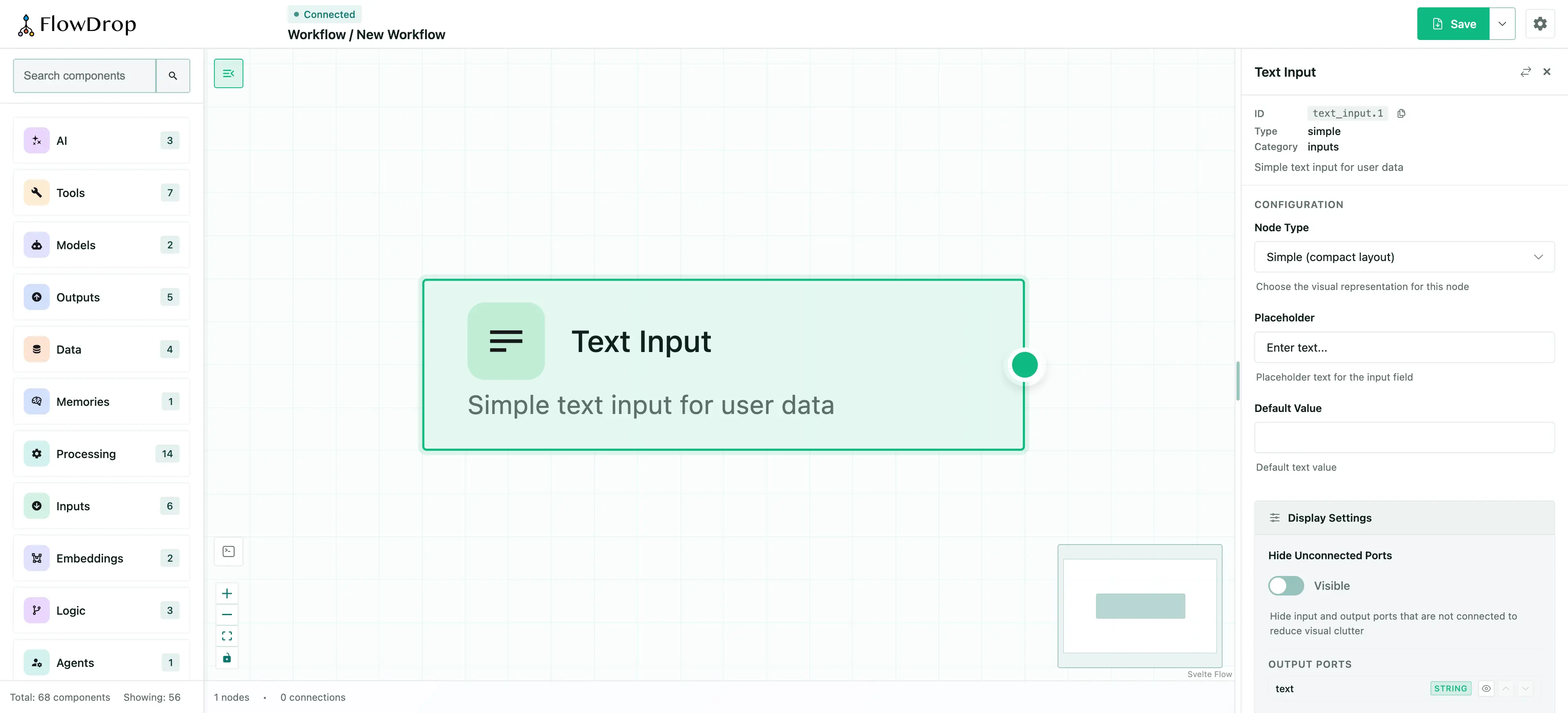 A Text Input node placed on the canvas with its config panel open, showing the editable Placeholder field generated from configSchema.